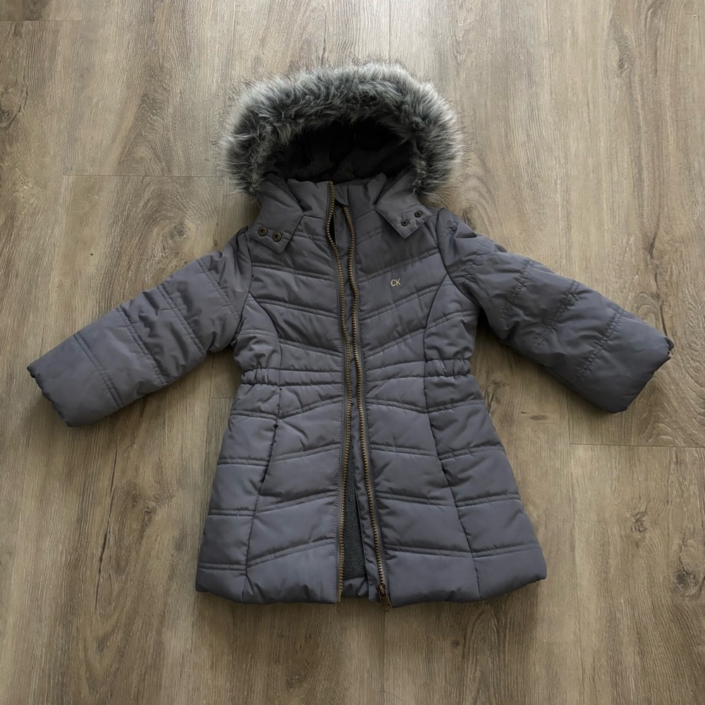 Calvin Klein Grey Coat. Knee length, down, zipper jacket with faux fur hood. 3T